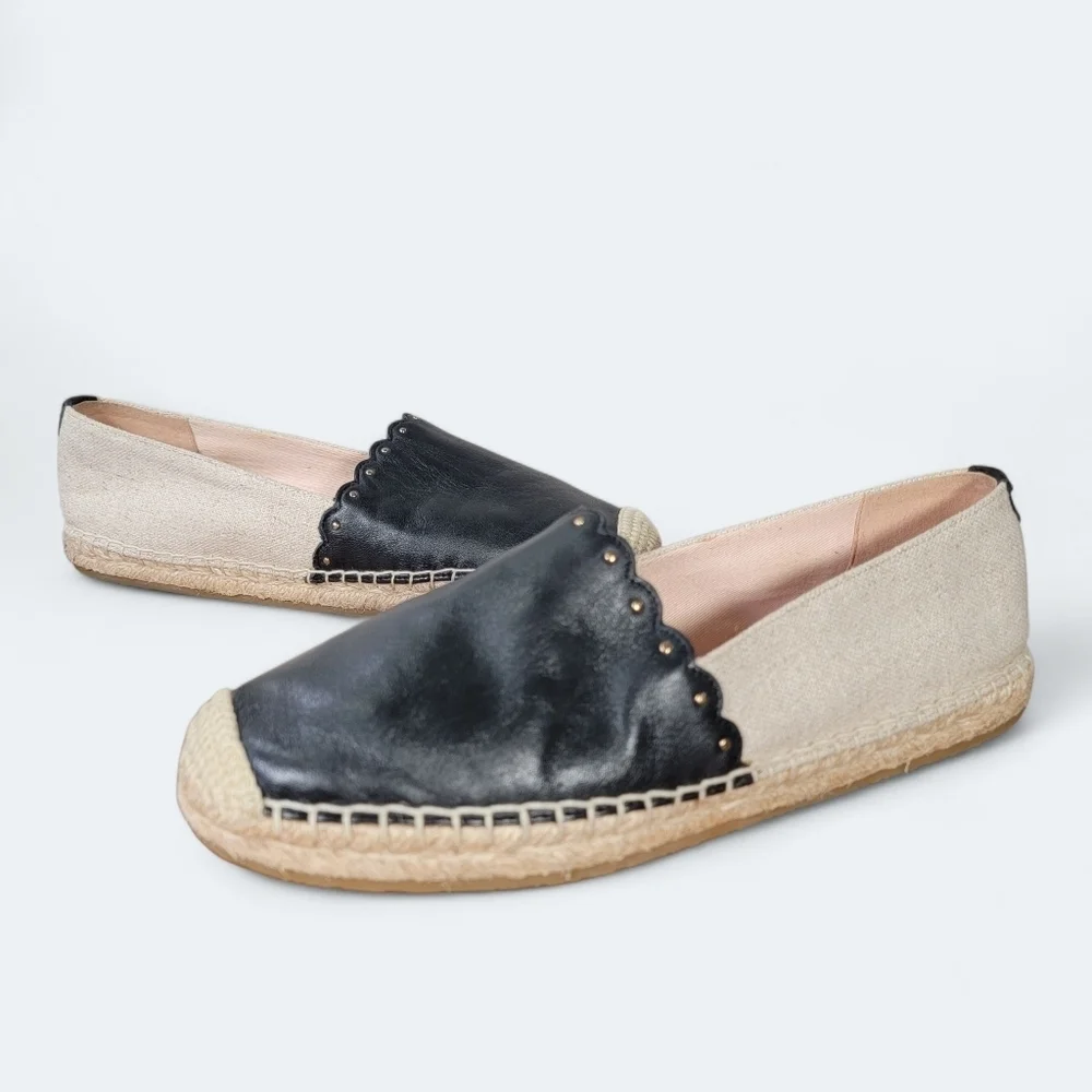 Kate Spade Gardenia Black Leather and Cream Espadrilles Size 8 Scalloped Summer